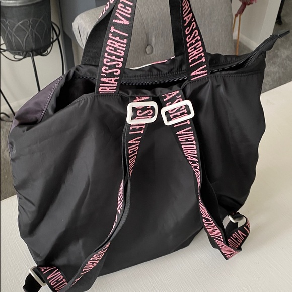 Victoria's Secret Black Pink Stripe Nylon Backpack Travel Pool Summer Beach Bag - Picture 8 of 10